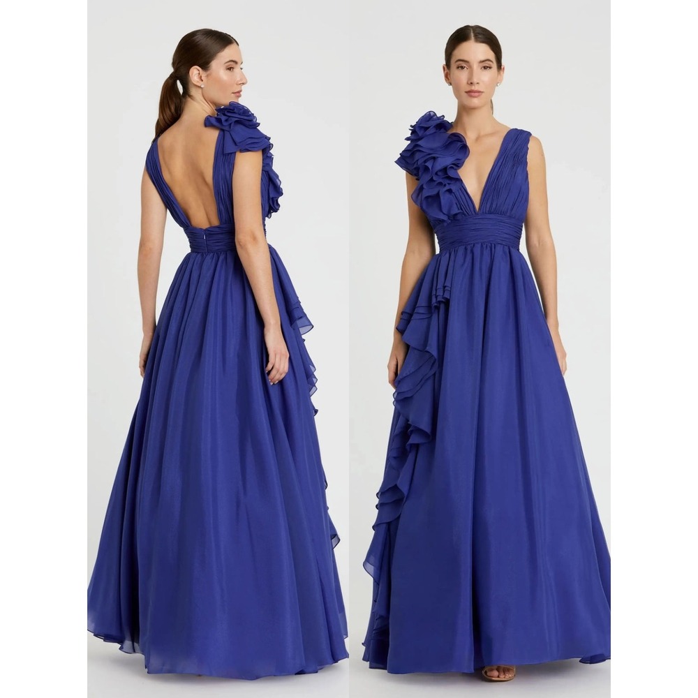 Mac Duggal Dark Blue Ruffle Shoulder V-Neck Chiffon Gown - Size 4